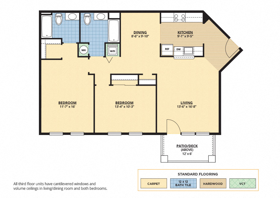 Floor plan for 2 beds, 2 baths, 1127 sqft